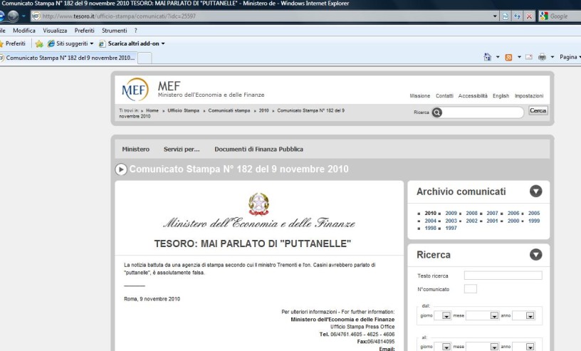 Il comunicato stampa sul sito del Ministero del Tesoro