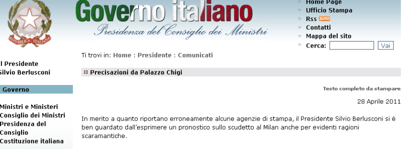 Lo screenshot del comunicato stampa relativo a Silvio Berlusconi ed al Milan