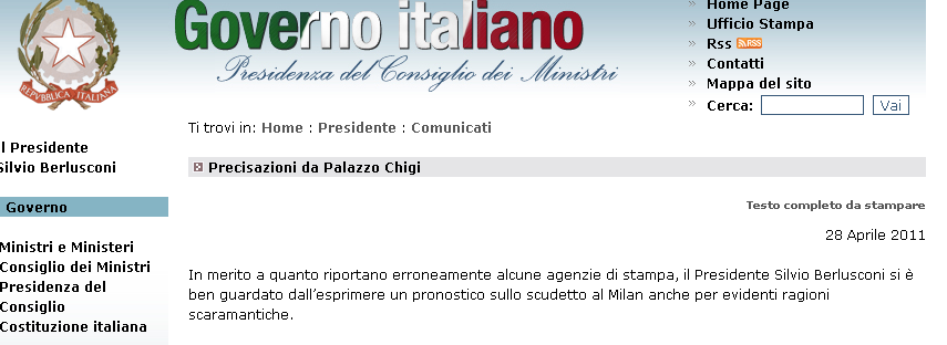 Lo screenshot del comunicato stampa relativo a Silvio Berlusconi ed al Milan